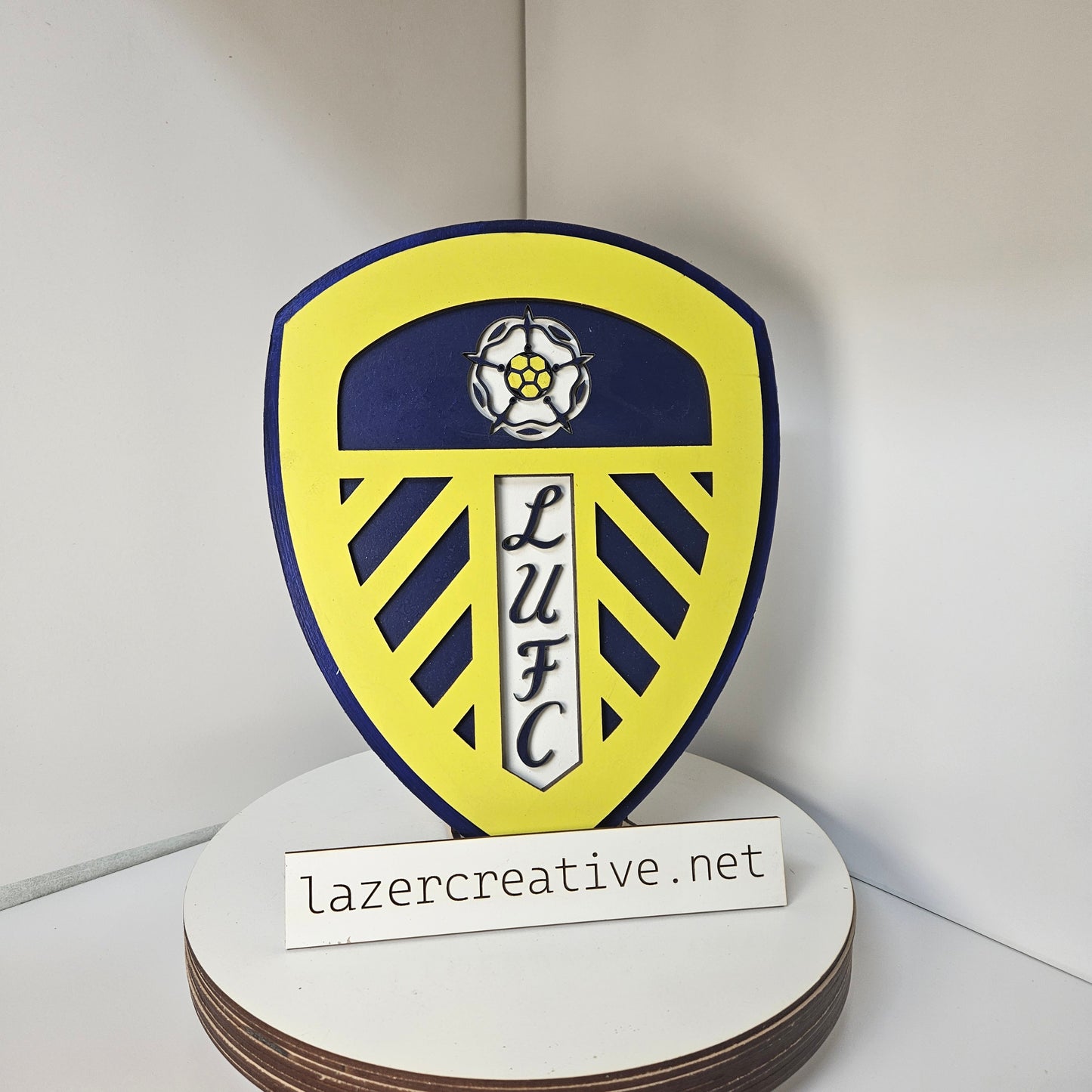 Layered Laser Cut Leeds United Football Crest Wall Art – Painted MDF Sign - Lazer Creative